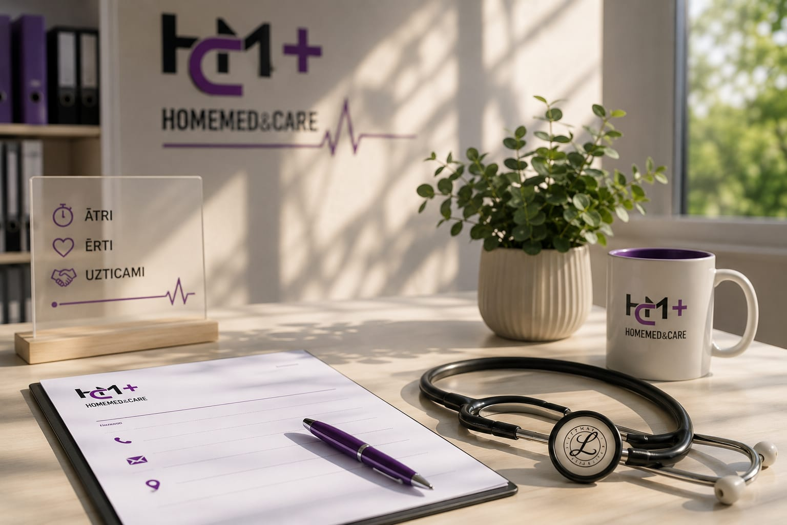 HomeMed&Care darba vieta ar stetoskopu un medicīnisko dokumentāciju